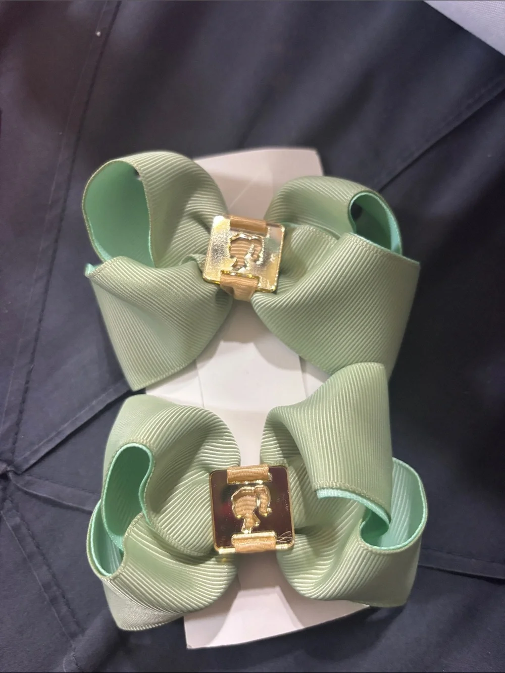 Mint Green Grosgrain Bow Hair Clips with Gold Emblem